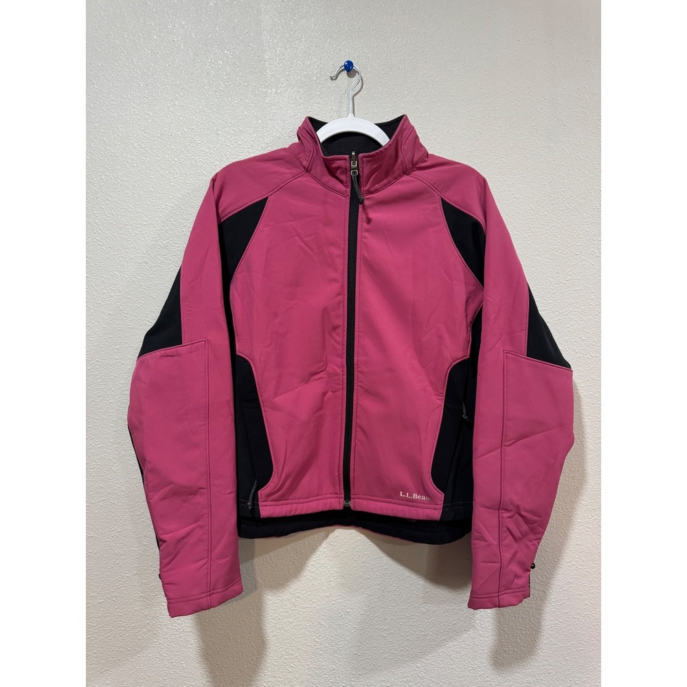 LL Bean Womens Softshell Jacket Pink Black Full Zip Fleece Lined Large 0CCV1